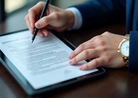 A legal professional reviewing digital contracts on a tablet